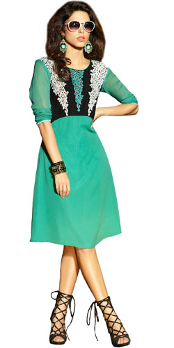 Flattering Georgette Embroidered Kurti in Turquoise Green