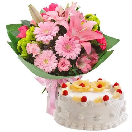 Delicate Mixed Flowers Bunch with Pineapple Cake