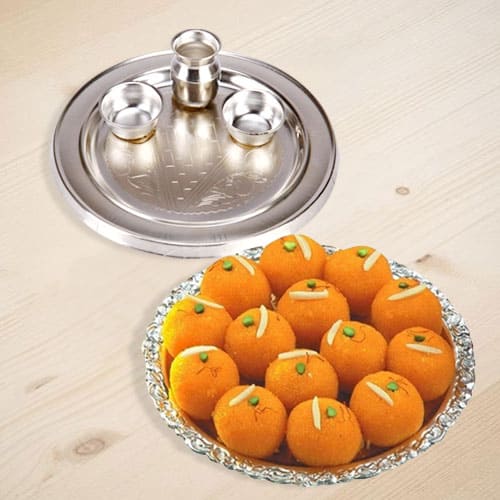 Combo of Motichur Laddu N Silver Plated Thali