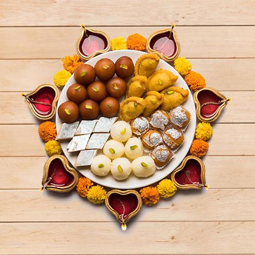 Special Tasty Assorted Diwali Sweets from Bhikaram with Diya