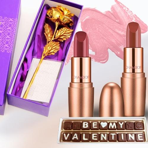 Fabulous V-day Gift of Lipstick Pair with Rose N Chocolate