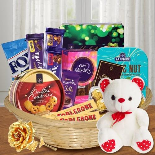 Appealing Gift Basket of Chocolate Treat with Golden Rose N Teddy