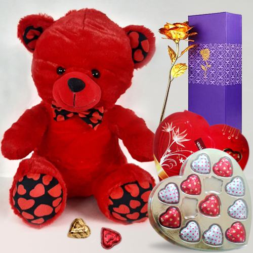 Charming Proposal Gift of Teddy with Heart Shape Chocolates n Golden Rose