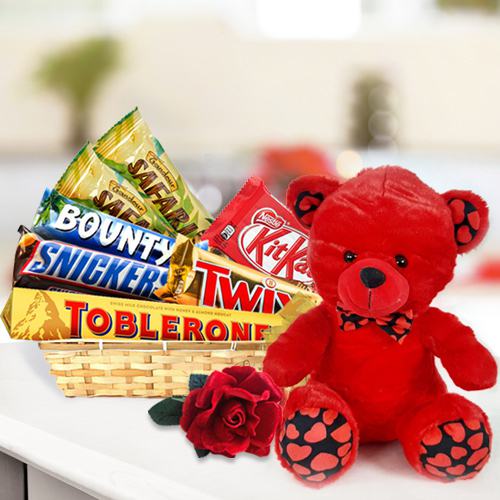 Delightful Chocolate Lovers Gift Basket with Teddy n Rose