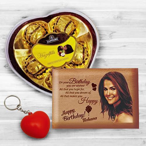 Alluring Personalized Love Frame, Heart Key Ring n Sapphire Chocolates
