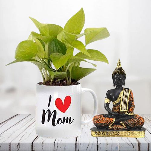 Enchanting Money Plant in Personalized Mug with Gautam Buddha Idol