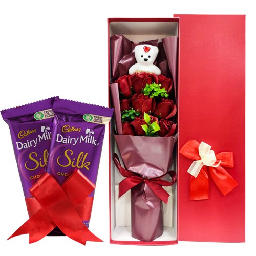 Propose Day Gift of Artificial Roses Bouquet N Cadbury Silk