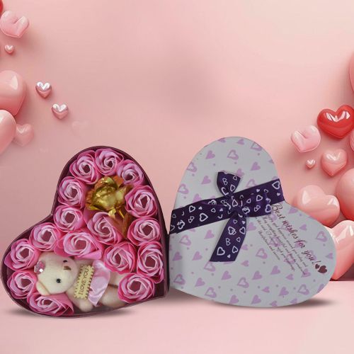 Beautiful Heart Shaped Roses N Teddy Box