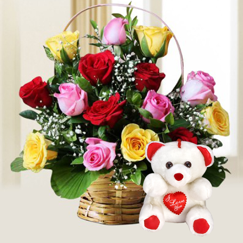 Mixed Roses with Teddy Bear Combo
