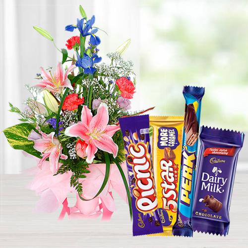 Stunning Assorted Flowers Arrangement with Mixed Cadbury Chocolate
