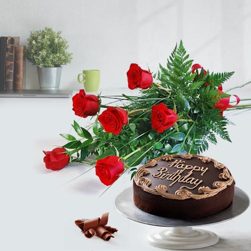 Red Roses Bunch N Chocolate Cake