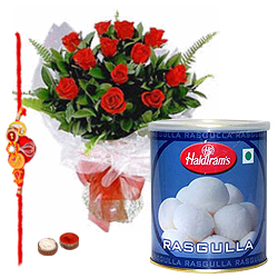 Attractive Present of Rose Bouquet and Rasgullas with Free Rakhi, Roli Tilak and Chawal for your Precious Brother on the Occasion of Rakhi