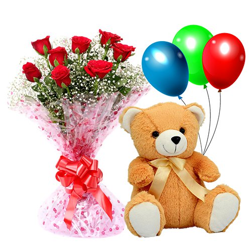 Breathtaking Combo of Plush Teddy with Rose Bouquet & Balloons