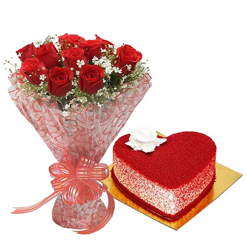 Romantic Red Roses Bouquet with Heart Shape Red Velvet Cake