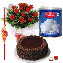 Admirable Selection of Red Roses Rasgulla and Cake with free Rakhi Roli Tilak and Chawal on the Occasion of Raksha Bandhan