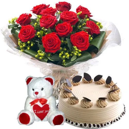 Classic Bouquet of Red Roses with Coffee Cake N Teddy