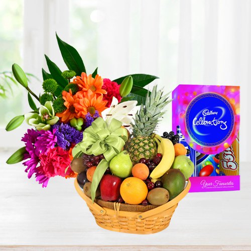 Healthy Mixed Fruits Basket with Chocolates and Mixed Flowers Bouquet