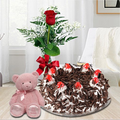 Black Forest with Teddy N Single Rose