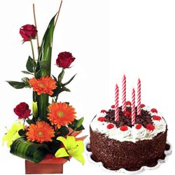 Charming Seasonal Flowers Arrangement with Black Forest Cake