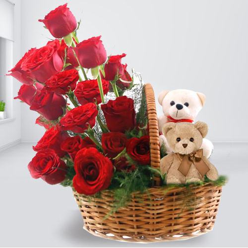 Admirable Basket Full of Red Roses with Twin Teddy