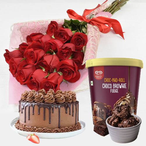 Lovely Red Roses with Kwality Walls Choco Brownie Fudge Ice Cream n Chocolate Cake