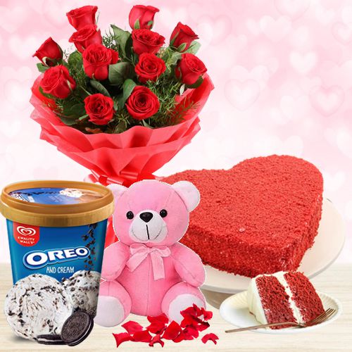 Lovely Red Roses N Kwality Walls Oreo Ice Cream with Teddy n Red Velvet Cake