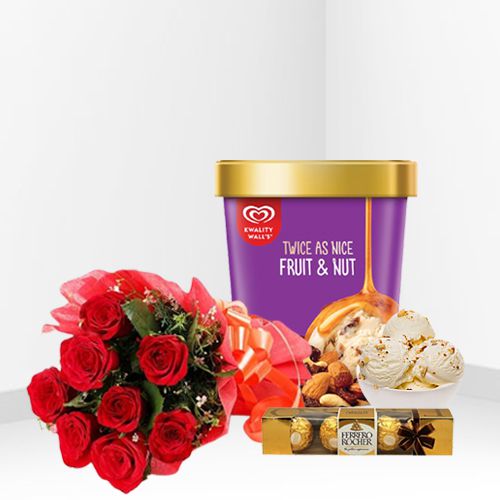 Luminous Red Roses Bouquet with Kwality Walls Twin Flavor Ice Cream n Ferrero Rocher