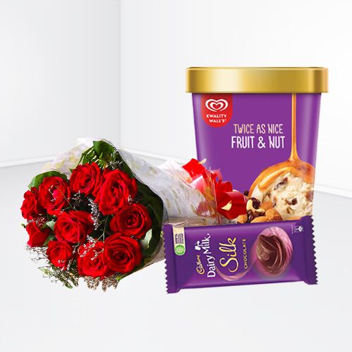 Romantic Red Roses Bouquet with Kwality Walls Twin Flavor Ice Cream n Cadbury Fruit n Nut