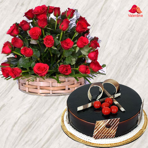 50 Dutch Red Roses Basket with Chocolate Cake.