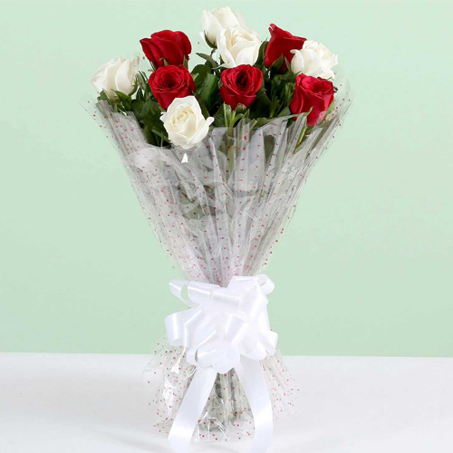 Majestic White and Red Colored Roses Big Bouquet