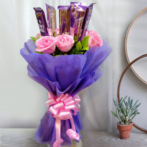Beautiful Bouquet of Pink Roses with Cadbury Dairy Milk
