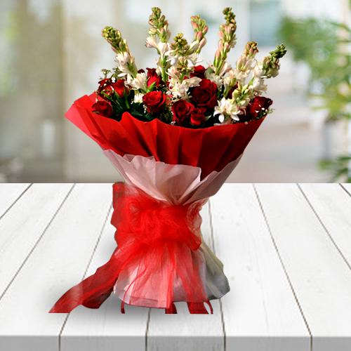 Classic Congratulations Bouquet of Red Roses n White Tuberose with Tissue Wrapping
