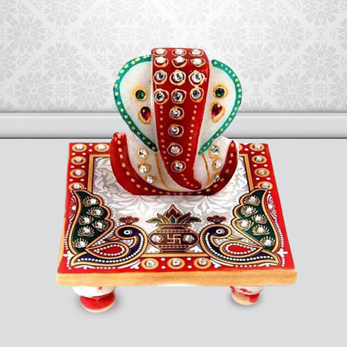 Auspicious Marble Ganesh Chowki with Peacock Design