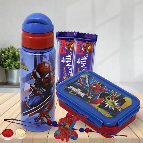 Fabulous Spiderman Rakhi with Chocolate Tiffin Box N Bottle Set
