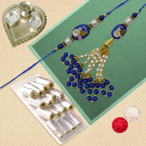 Sweets Delight with Moti Decorated Rakhi in Blue