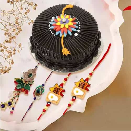 Beautiful Family Rakhi Set with Chocolate Cake
