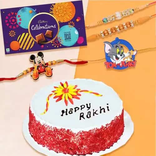 Astonishing Rakhi Set of 4 with Red Velvet Cake and Cadbury Celebration