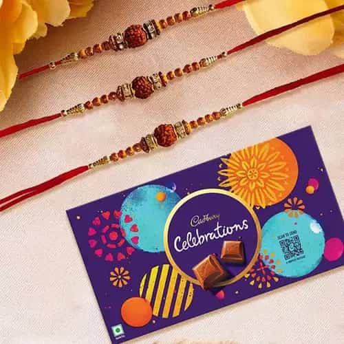 Dashing Rudraksha Rakhi Trio with Cadbury Celebration Gift Pack