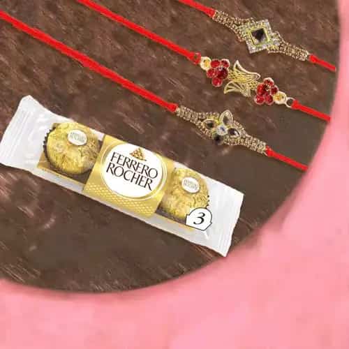 Attractive Rakhi Set of 3 pcs with Ferrero Rocher Chocolate