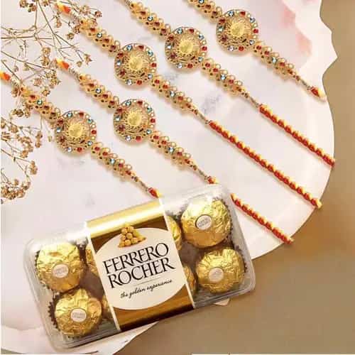Appealing Rakhi Set of 5 with 16 pcs Ferrero Rocher Chocolates