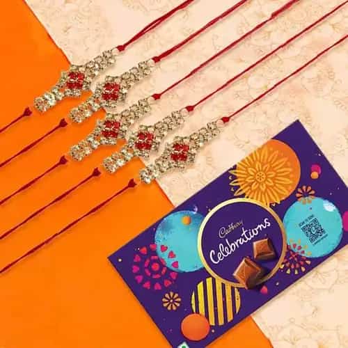 Attractive Rakhi Set of 5 with Cadbury Celebration Chocolate Pack