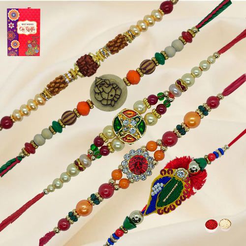 Admirable Rakhi Special 5 Pieces Rakhi Set with Free Roli Tilak and Chawal for your Dear Brother