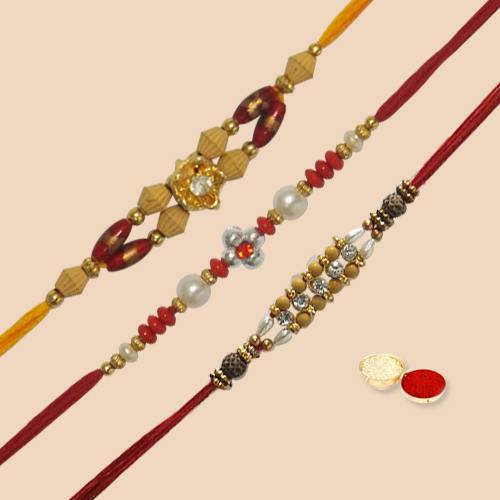 Exclusive Collection of Rakhi Sets (3 pc.) along with free Roli Tilak and Chawal for Rakhi Special